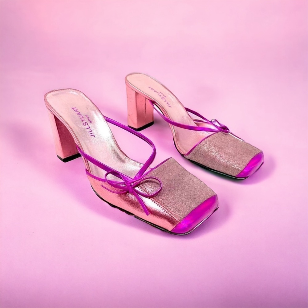 JILL Stuart Barbie Pink Disco Square Toe Block Heel Mule Heels Size 7 (JP 23.5)